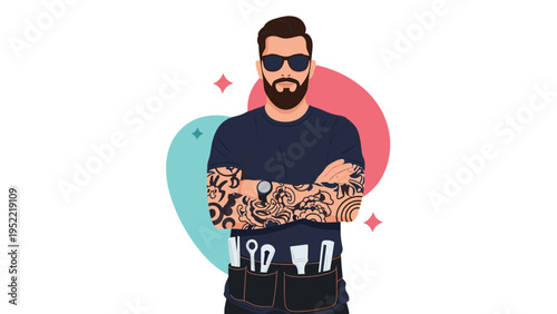 Stylish man with a beard and tattoos wearing sunglasses and a tool belt full of professional grooming supplies.