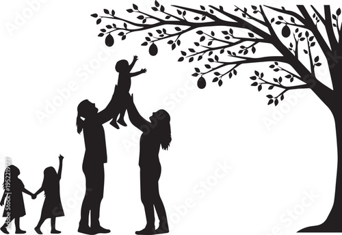 Family Silhouette Illustration with Parents and Children under Tree Vector