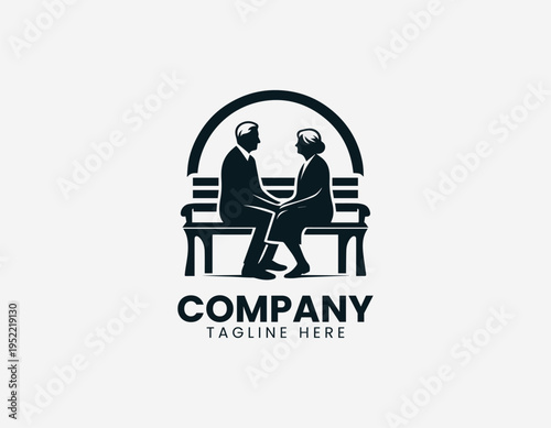 Elderly couple sitting on park bench black vector logo illustration isolated on white background