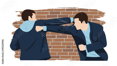 Two men engaged in a physical fight or boxing match in front of a weathered brick wall in an urban setting.
