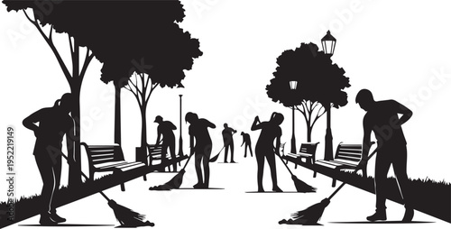 People cleaning park silhouette vector illustration for community service