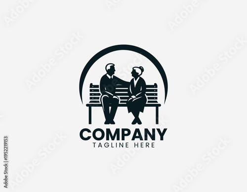 Elderly couple sitting on park bench black vector logo illustration isolated on white background