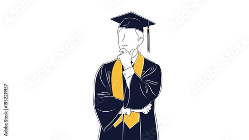 Pensive male graduate in academic regalia standing alone and thinking about future career opportunities after graduation.