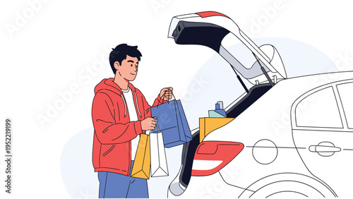 Young man in a red hoodie carefully loads several paper shopping bags into the open trunk of his white car after a trip.