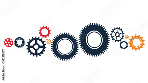 Horizontal arrangement of interlocked mechanical gears in different sizes and vibrant colors representing teamwork.