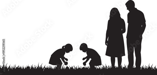 Family silhouette illustration of parents and children playing in grass vector