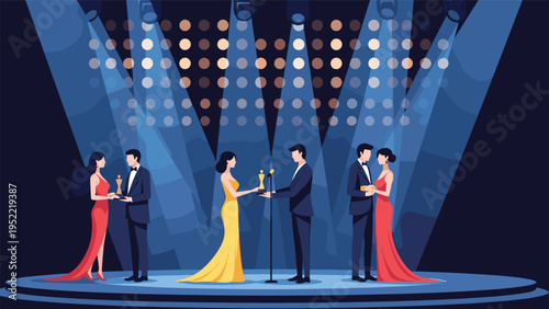 Celebrated actors and actresses receiving golden trophies on a bright stage during a prestigious evening award gala.