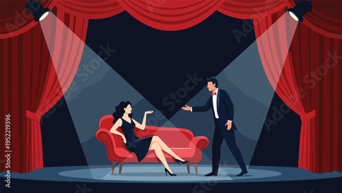 Elegant actress in a black dress sitting on a red sofa while a man in a tuxedo approaches her on a theatrical stage.