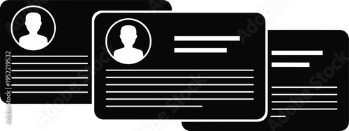 User profile cards interface with avatar icons and text layout representing personal information, identification, social media profiles, and digital identity management in modern UI design