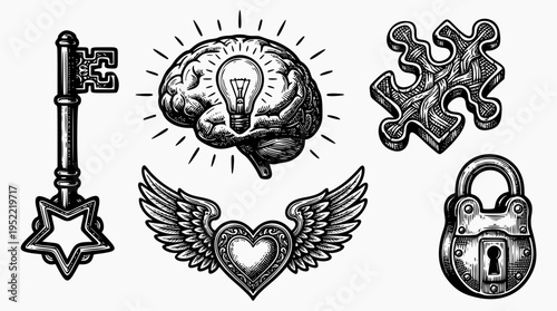 Vintage Conceptual Illustration Set with Brain Idea Winged Heart and Key