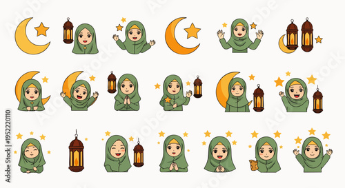 Cute cartoon Muslim girl in hijab sticker set, celebrating Ramadan and Eid al-Fitr, with crescent moon, stars, and lantern elements. Islamic culture vector illustration.