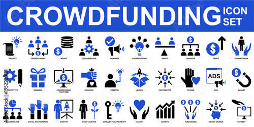 Crowdfunding set icon vector for finance apps. Ideal for symbolizing community fundraising, startup investments, and charity donation concepts.