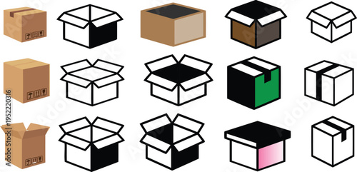 Collection of various colored and styled cardboard boxes