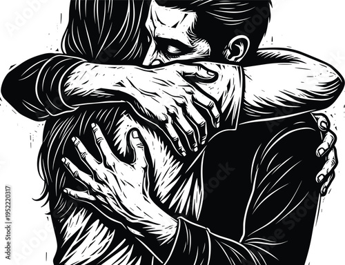 couple hugging tightly emotional embrace showing love comfort and support, human relationship concept illustration, cad drawing flat vector illustration
