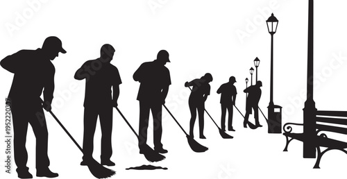 Street Sweepers Cleaning City Park Silhouette Vector Illustration