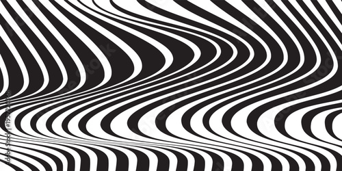 Psychedelic lines. Abstract pattern. Texture with wavy, curves stripes. Optical art background. Wave design black and white. Vector illustration.