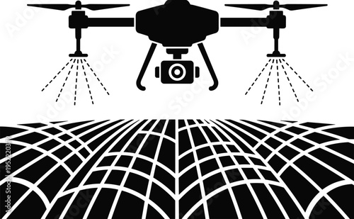 "Black and white stylized illustration of agricultural drone with rotors, mounted camera, and spray nozzles flying above farmland rows for crop monitoring, pesticide application, precision farming, 