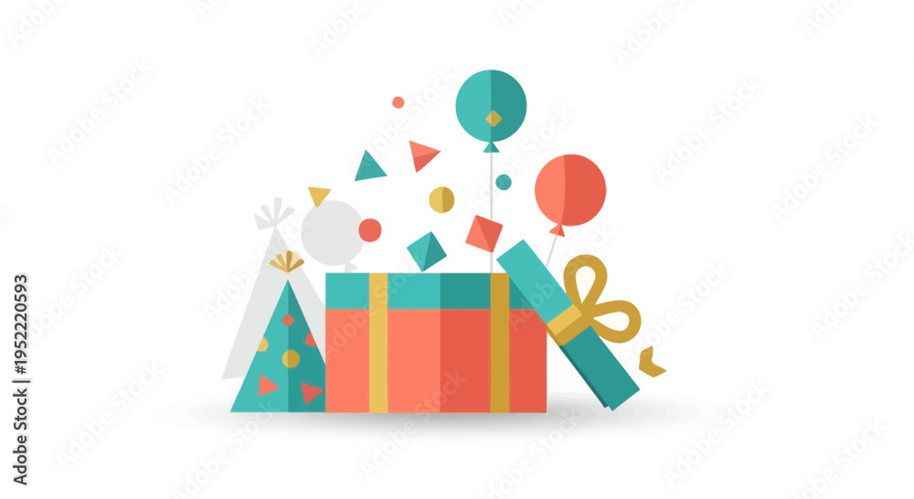 Obraz premium Birthday Gift Box Surprise with Balloons and Party Hat