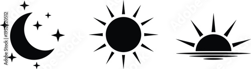 Sun, moon, and sunrise icons set representing day and night cycle, weather symbols, time concepts, celestial elements in simple black silhouette vector design