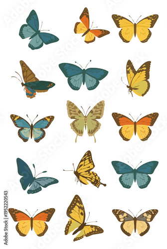 A modern template card featuring an assortment of colorful Spring butterflies in a flat design style, with bold lines, minimal shading, and a clean aesthetic