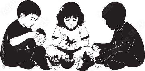 Three Children Playing with Toys from Eggs Black and White Illustration Vector