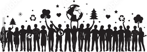 People silhouettes holding environmental symbols vector illustration set