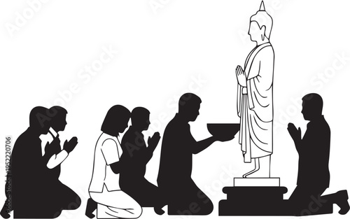 Buddhist People Praying and Making Offerings Silhouette Vector Illustration