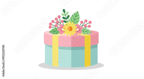 Celebration Gift Box with Floral Decoration, Pink and Blue Box, Yellow Ribbon