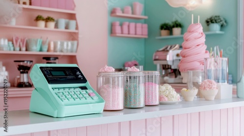 A bright, cheerful ice cream parlor counter. The cash register is a new device designed with a retro aesthetic--rounded corners, pastel colors (mint green), but with a modern digital display
