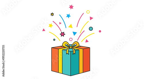 Colorful Gift Box Explosion with Confetti and Stars on White Background