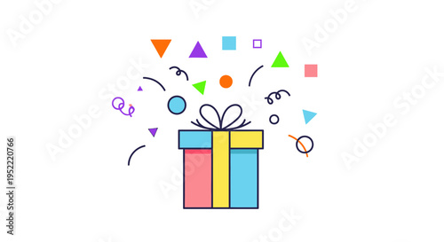 Colorful Gift Box with Confetti and Geometric Shapes - Celebration Concept