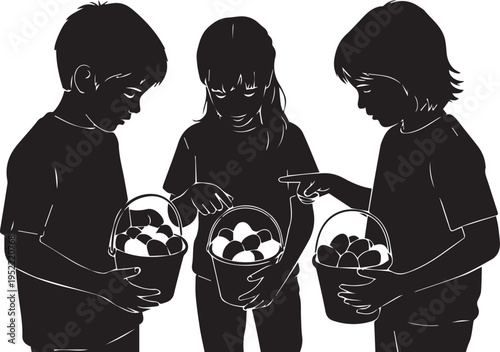Children comparing Easter egg hunt findings silhouette vector illustration