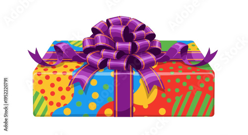 Colorful Gift Box with Purple Bow - Surprise Present