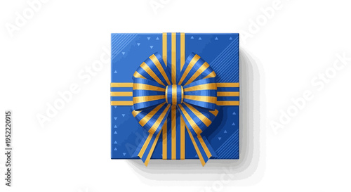 Elegant Blue Gift Box with Gold Ribbon and Bow, Isolated on White