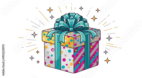 Festive Gift Box with Blue Ribbon and Sparkle Background