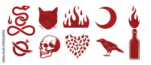 Red gothic symbols set, skull, snake, raven, cat, fire, moon, torch, grunge texture, tattoo design, dark aesthetic illustration