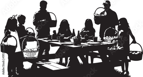Family Picnic Silhouette Illustration with Baskets of Food Vector