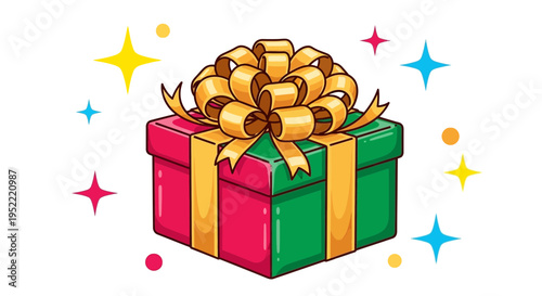 Festive Gift Box with Golden Bow and Sparkling Stars