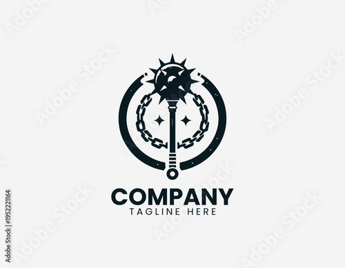 Medieval flail weapon with spiked ball chain in clean modern historical warrior vector illustration style