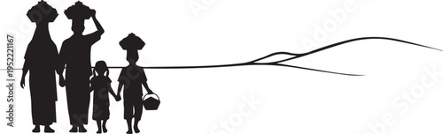 African Family Silhouette Walking with Baskets on Heads Vector Illustration