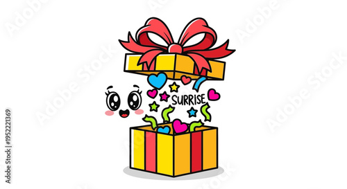 Kawaii Surprise Gift Box with Happy Face, Hearts, Confetti