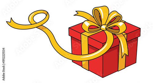 Red Gift Box with Golden Ribbon and Bow, Isolated on White Background