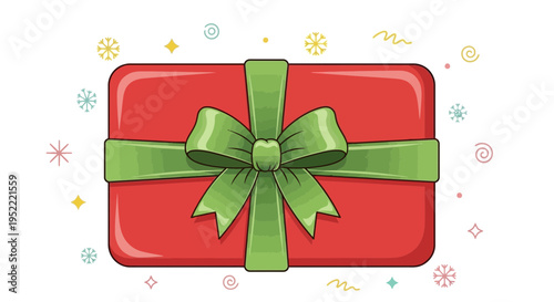Red Gift Box with Green Ribbon and Bow, Festive Confetti - Top View