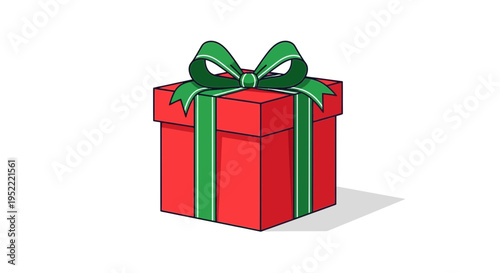 Red Gift Box with Green Ribbon and Bow, Isolated on White Background, Celebration