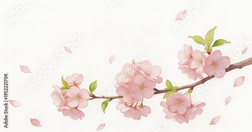 Wallpaper Mural Delicate pink cherry blossom branch with green leaves and falling petals on a plain white background. Illustrative floral design for spring themes. Torontodigital.ca