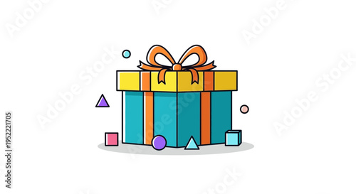 Turquoise Gift Box with Orange Bow and Geometric Shapes, Isolated on White