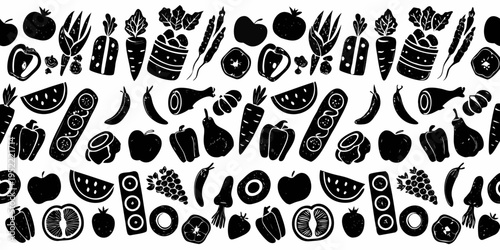 Black and white illustration of various fruits and vegetables in a pattern