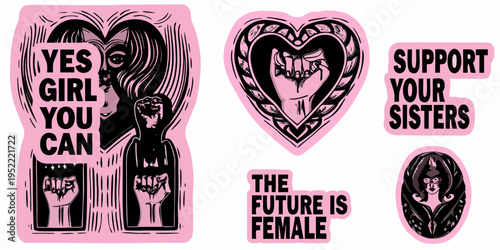 Feminist stickers featuring empowering messages and illustrative designs in pink