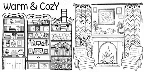 Intricate black and white illustration of a cozy room with bookshelves and fireplace