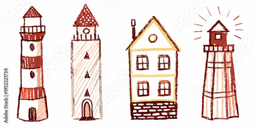 Charming hand drawn illustration of lighthouses and a quaint house